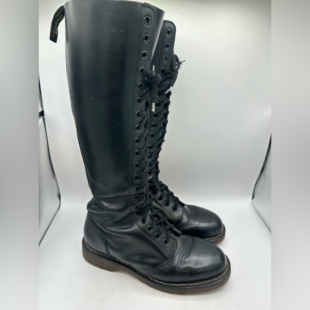 Vintage Dr Martens 1420 20 hole black knee high leather boots England m 8 W 9 - Picture 12 of 13